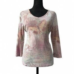 Y2K 2000s Pink Butterfly Bedazzled Three-Quarter Sleeve Top